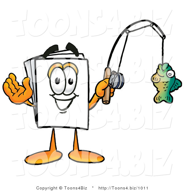 Illustration of a Cartoon Paper Mascot Holding a Fish on a Fishing Pole