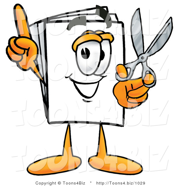 Illustration of a Cartoon Paper Mascot Holding a Pair of Scissors