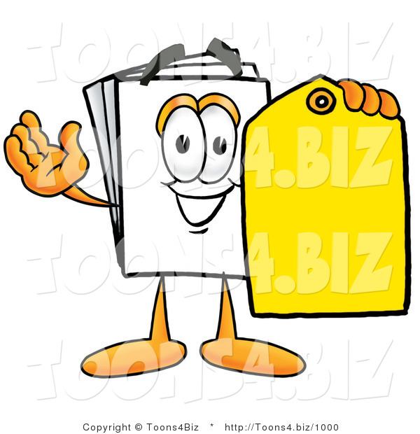 Illustration of a Cartoon Paper Mascot Holding a Yellow Sales Price Tag
