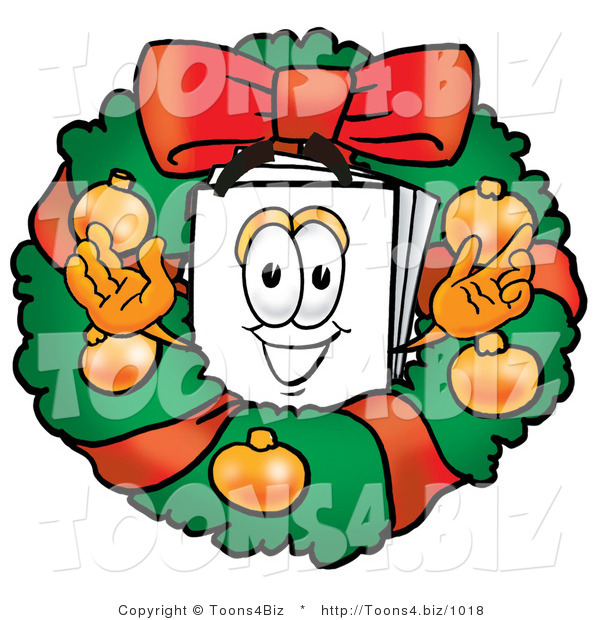 Illustration of a Cartoon Paper Mascot in the Center of a Christmas Wreath