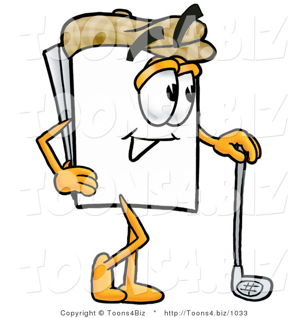Illustration of a Cartoon Paper Mascot Leaning on a Golf Club While Golfing