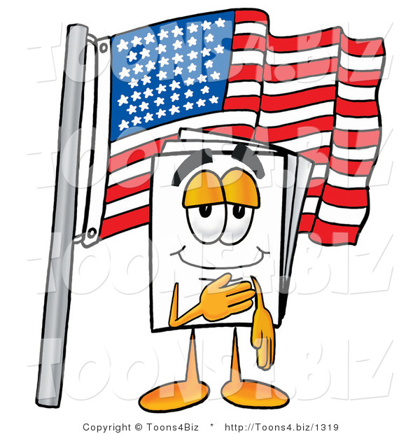 Illustration of a Cartoon Paper Mascot Pledging Allegiance to an American Flag