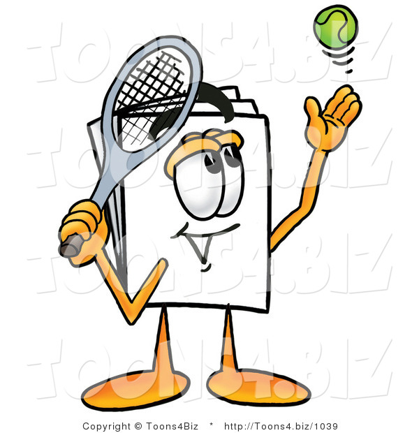 Illustration of a Cartoon Paper Mascot Preparing to Hit a Tennis Ball
