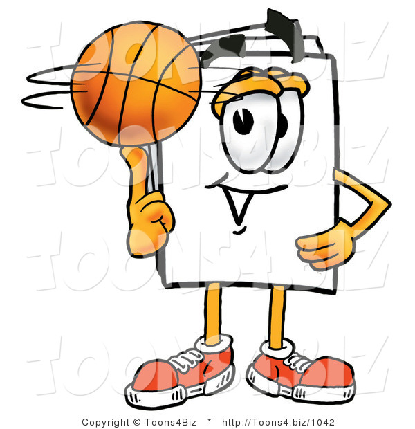Illustration of a Cartoon Paper Mascot Spinning a Basketball on His Finger