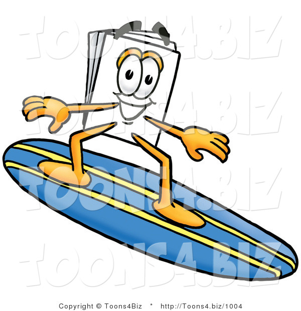 Illustration of a Cartoon Paper Mascot Surfing on a Blue and Yellow Surfboard