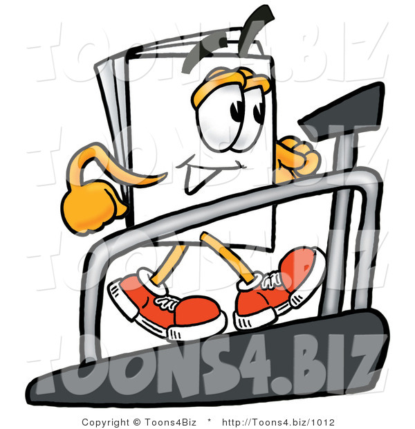 Illustration of a Cartoon Paper Mascot Walking on a Treadmill in a Fitness Gym