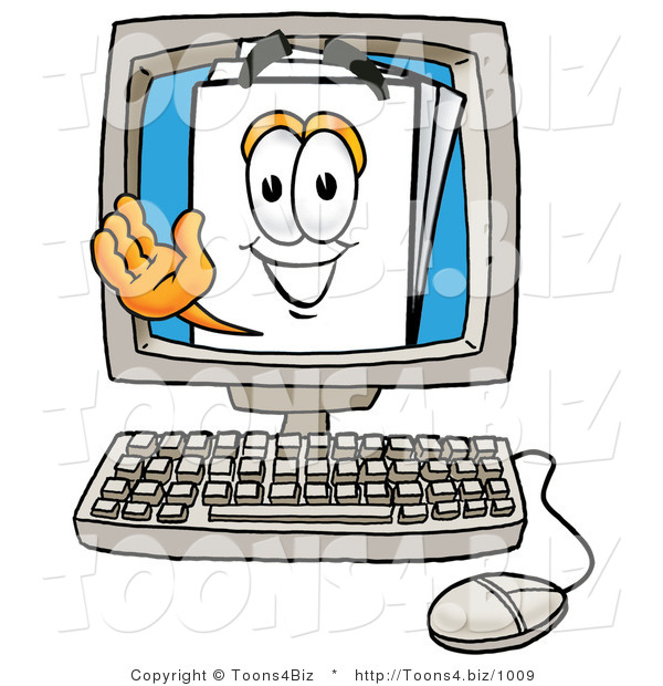 Illustration of a Cartoon Paper Mascot Waving from Inside a Computer Screen