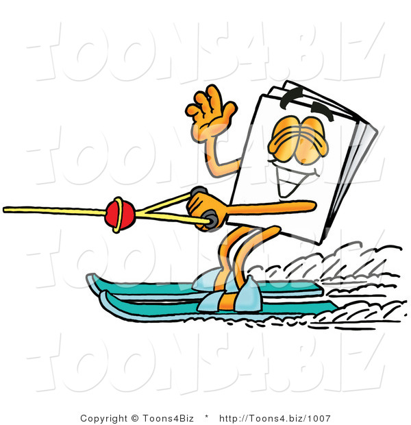 Illustration of a Cartoon Paper Mascot Waving While Water Skiing