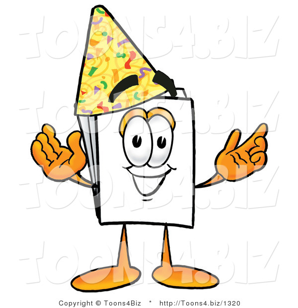 Illustration of a Cartoon Paper Mascot Wearing a Birthday Party Hat