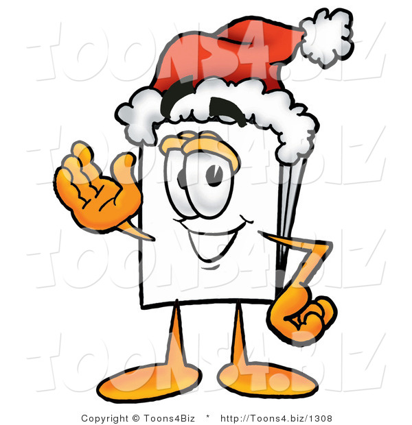 Illustration of a Cartoon Paper Mascot Wearing a Santa Hat and Waving