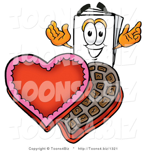 Illustration of a Cartoon Paper Mascot with an Open Box of Valentines Day Chocolate Candies