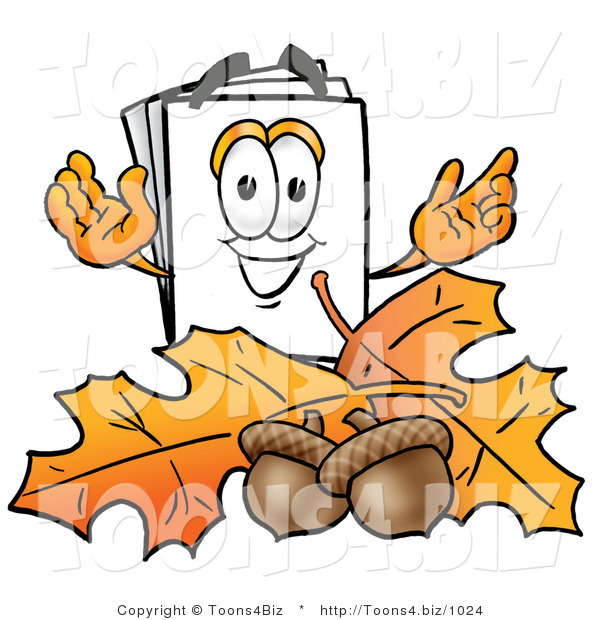 Illustration of a Cartoon Paper Mascot with Autumn Leaves and Acorns in the Fall