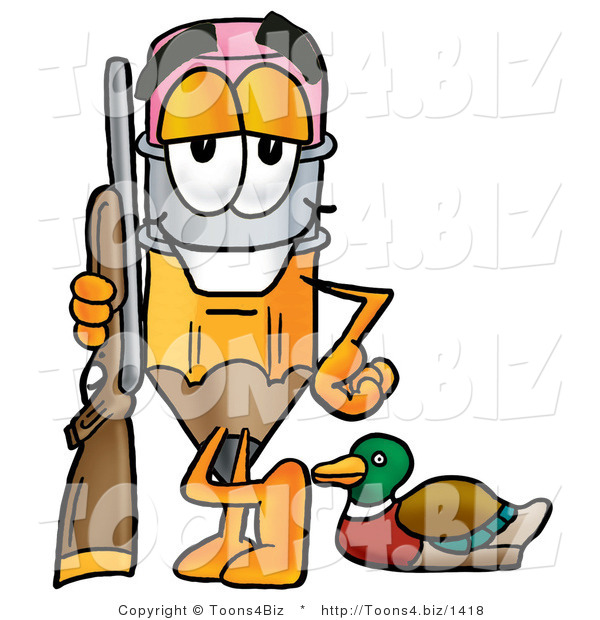 Illustration of a Cartoon Pencil Mascot Duck Hunting, Standing with a Rifle and Duck