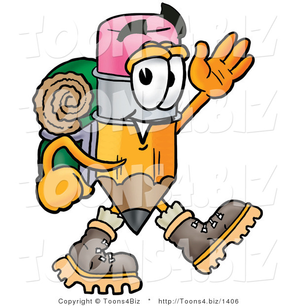 Illustration of a Cartoon Pencil Mascot Hiking and Carrying a Backpack