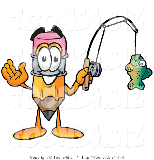 Illustration of a Cartoon Pencil Mascot Holding a Fish on a Fishing Pole