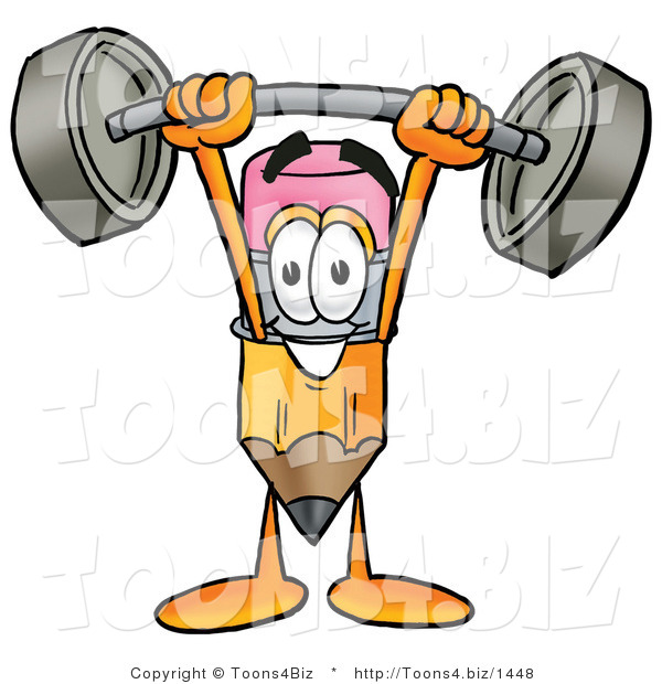 Illustration of a Cartoon Pencil Mascot Holding a Heavy Barbell Above His Head