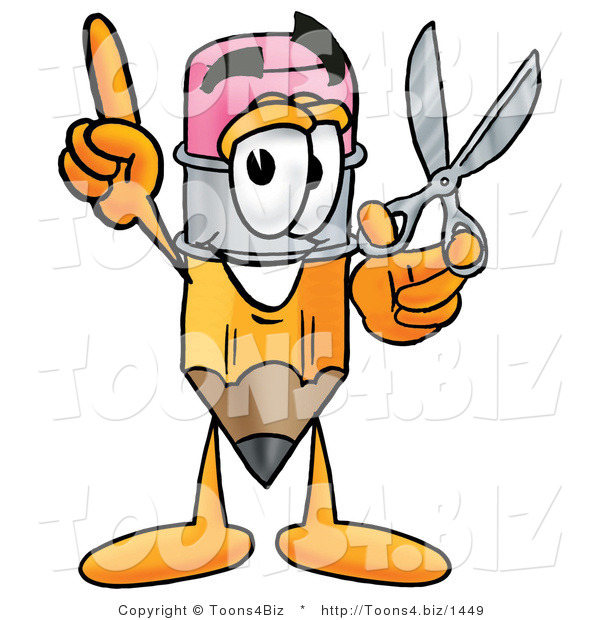 Illustration of a Cartoon Pencil Mascot Holding a Pair of Scissors