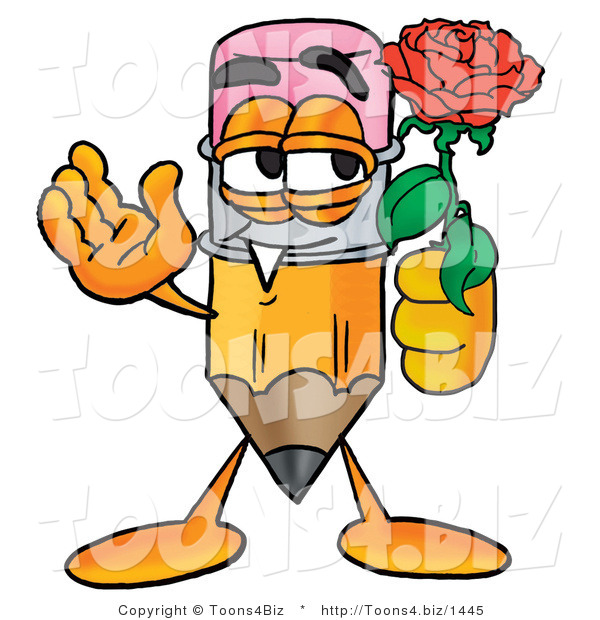 Illustration of a Cartoon Pencil Mascot Holding a Red Rose on Valentines Day