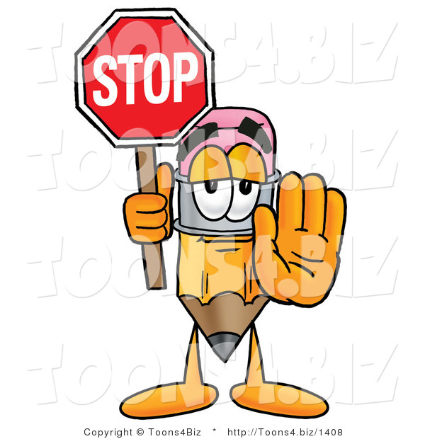 Illustration of a Cartoon Pencil Mascot Holding a Stop Sign