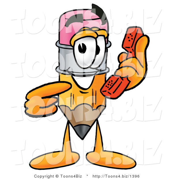 Illustration of a Cartoon Pencil Mascot Holding a Telephone