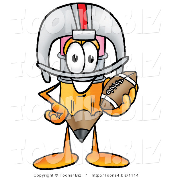 Illustration of a Cartoon Pencil Mascot in a Helmet, Holding a Football