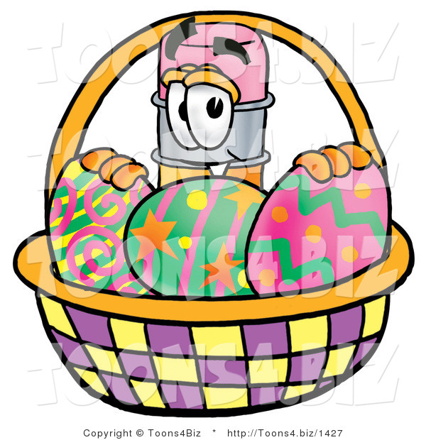 Illustration of a Cartoon Pencil Mascot in an Easter Basket Full of Decorated Easter Eggs