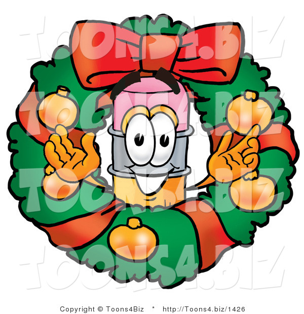 Illustration of a Cartoon Pencil Mascot in the Center of a Christmas Wreath