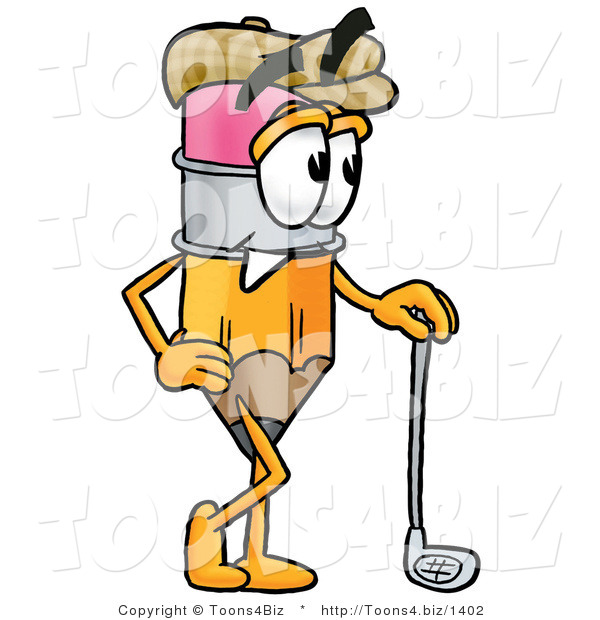 Illustration of a Cartoon Pencil Mascot Leaning on a Golf Club While Golfing