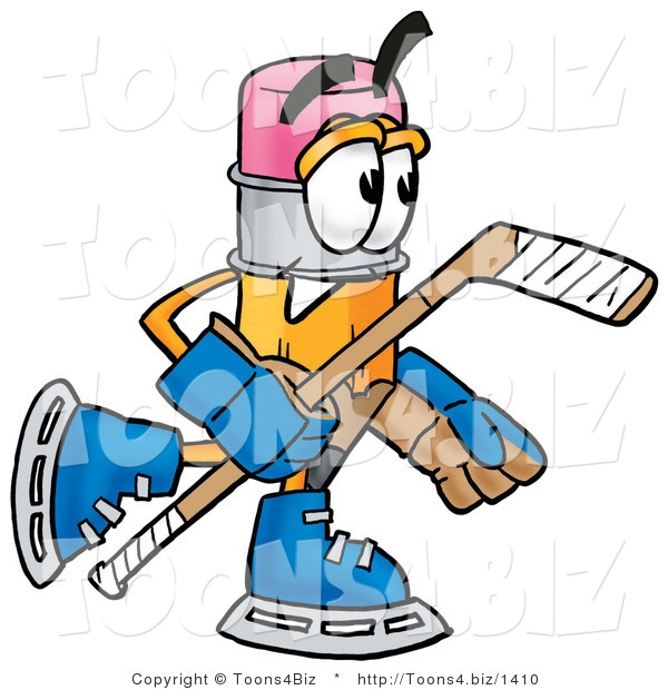 Illustration of a Cartoon Pencil Mascot Playing Ice Hockey
