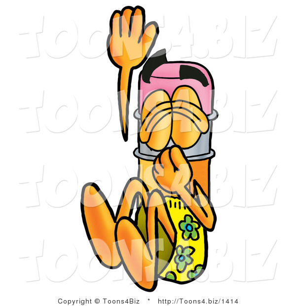 Illustration of a Cartoon Pencil Mascot Plugging His Nose While Jumping into Water
