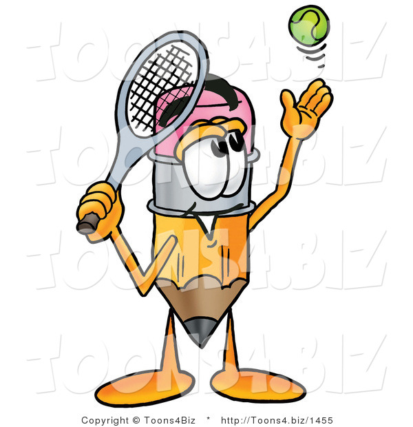 Illustration of a Cartoon Pencil Mascot Preparing to Hit a Tennis Ball