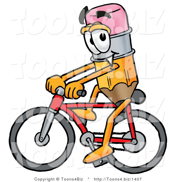 Illustration of a Cartoon Pencil Mascot Riding a Bicycle