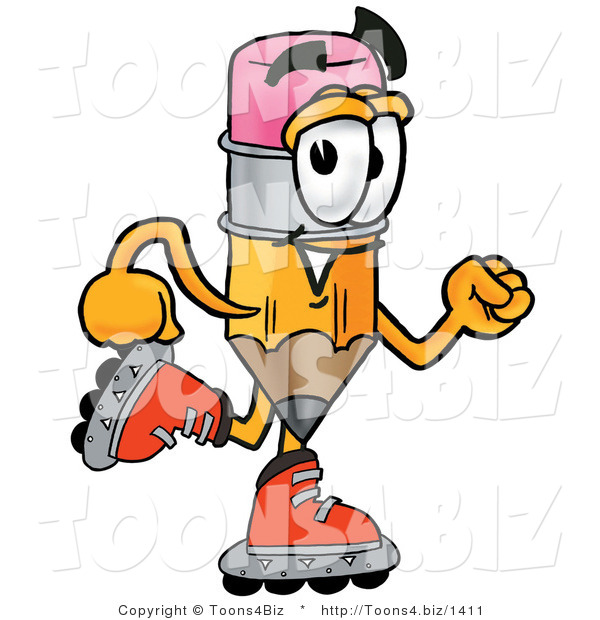 Illustration of a Cartoon Pencil Mascot Roller Blading on Inline Skates