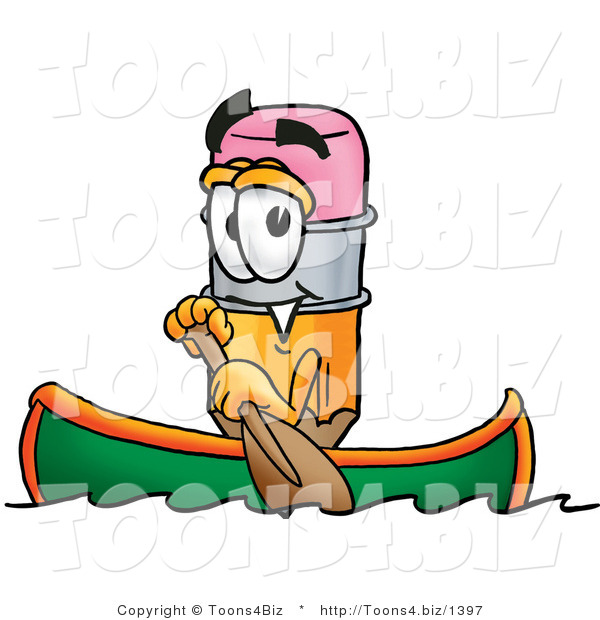 Illustration of a Cartoon Pencil Mascot Rowing a Boat