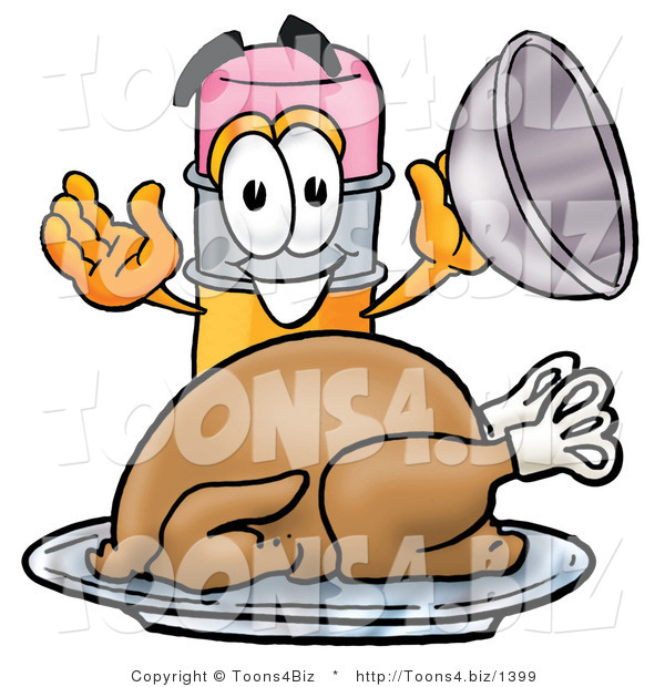 Illustration of a Cartoon Pencil Mascot Serving a Thanksgiving Turkey on a Platter