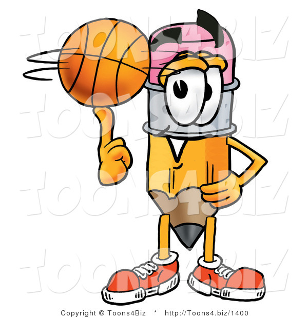 Illustration of a Cartoon Pencil Mascot Spinning a Basketball on His Finger