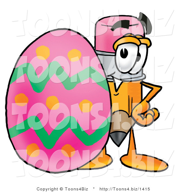 Illustration of a Cartoon Pencil Mascot Standing Beside an Easter Egg