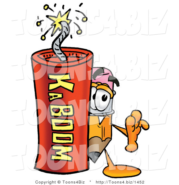 Illustration of a Cartoon Pencil Mascot Standing with a Lit Stick of Dynamite