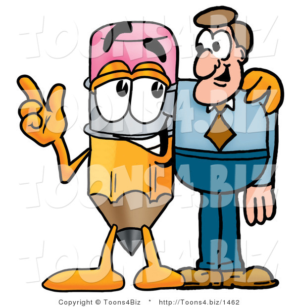 Illustration of a Cartoon Pencil Mascot Talking to a Business Man