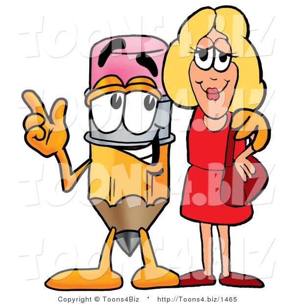 Illustration of a Cartoon Pencil Mascot Talking to a Pretty Blond Woman
