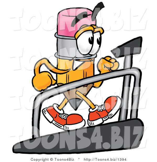 Illustration of a Cartoon Pencil Mascot Walking on a Treadmill in a Fitness Gym