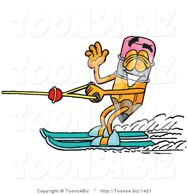 Illustration of a Cartoon Pencil Mascot Waving While Water Skiing