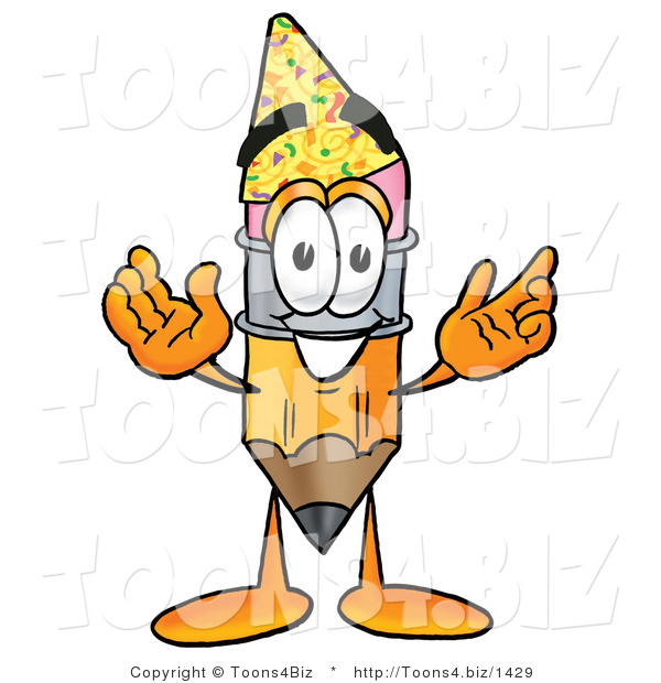 Illustration of a Cartoon Pencil Mascot Wearing a Birthday Party Hat