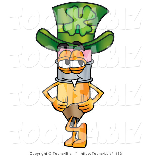 Illustration of a Cartoon Pencil Mascot Wearing a Saint Patricks Day Hat with a Clover on It