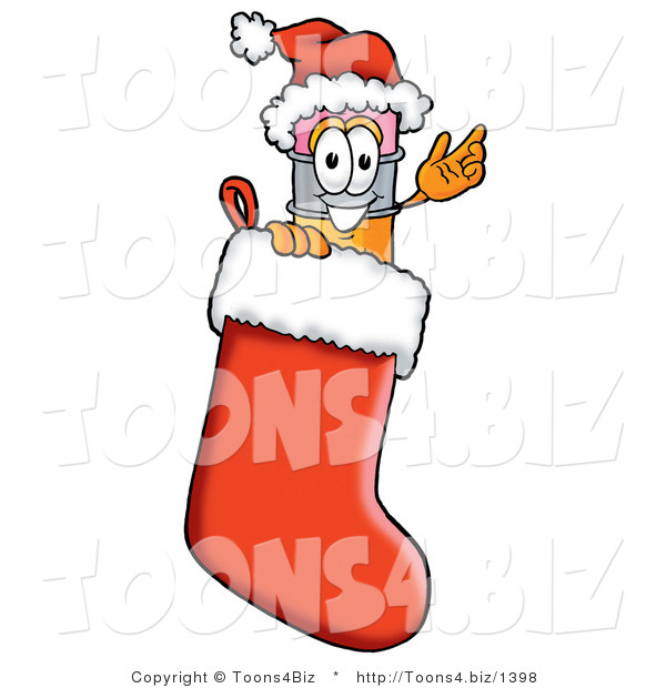 Illustration of a Cartoon Pencil Mascot Wearing a Santa Hat Inside a Red Christmas Stocking