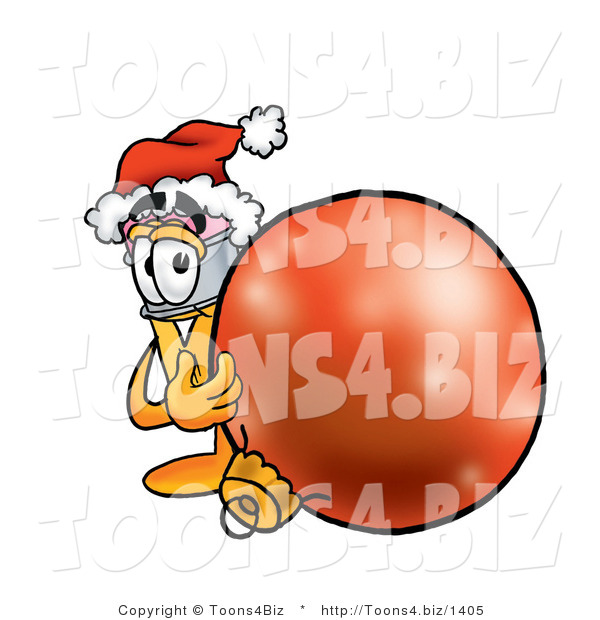 Illustration of a Cartoon Pencil Mascot Wearing a Santa Hat, Standing with a Christmas Bauble