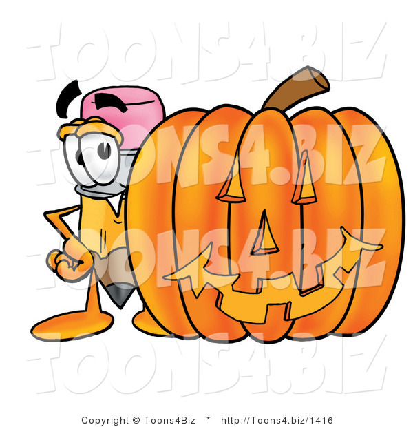 Illustration of a Cartoon Pencil Mascot with a Carved Halloween Pumpkin