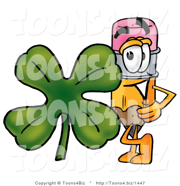 Illustration of a Cartoon Pencil Mascot with a Green Four Leaf Clover on St Paddy's or St Patricks Day