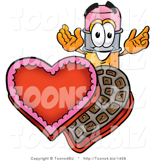 Illustration of a Cartoon Pencil Mascot with an Open Box of Valentines Day Chocolate Candies