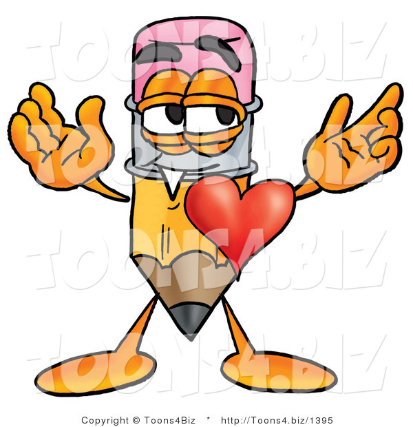 Illustration of a Cartoon Pencil Mascot with His Heart Beating out of His Chest